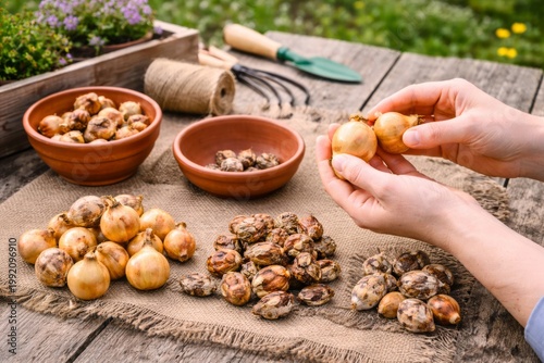 Sorting Healthy Onion Bulbs Before Planting. Hands compare healthy and spoiled onion bulbs on a rustic table, showing selection for planting, storage, and garden preparation.