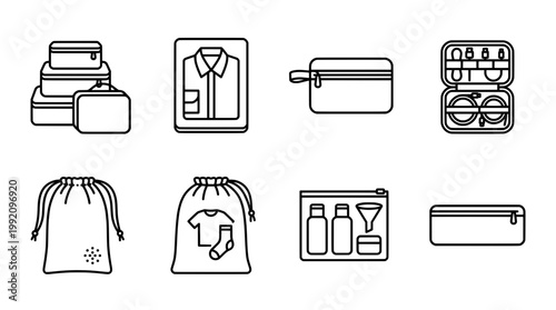 Travel essentials illustrated icons of luggage clothes and toiletries