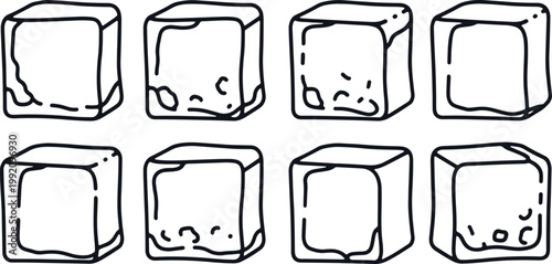 Collection of eight ice cubes drawn as cubes on grey background.