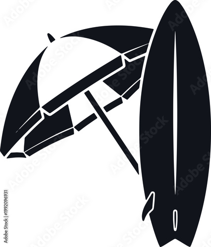 Surfboard and beach umbrella on sandy shore for summer relaxation.