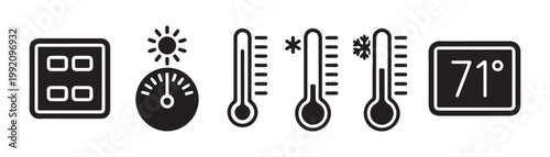 Home thermostat control panel with outdoor temperature display and thermometer icons.