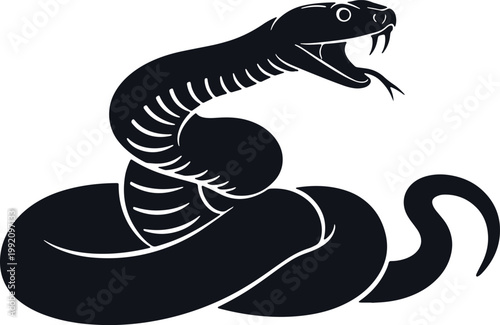 Dangerous snake coiled and ready to strike, black silhouette, wild reptile symbol.