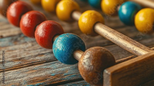 Close-up of a rustic wooden abacus with colorful beads