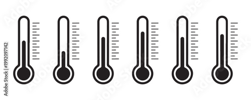 Set of six black thermometers with different temperature levels indicated on scales on transparent background.