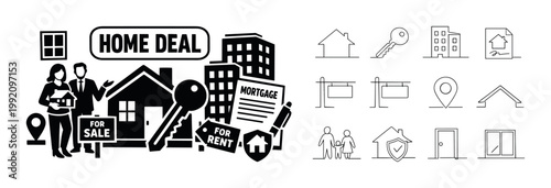 Real estate agents facilitate home buying and selling with icons representing deals