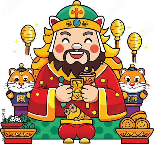 Cartoon God of Wealth with Tiger Companions and Treasures