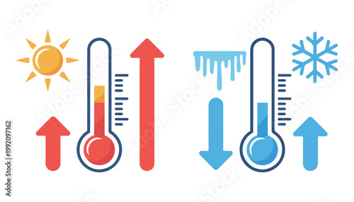 Thermometers with sun, snowflake, and arrows indicating hot and cold temperature changes, vector illustration.