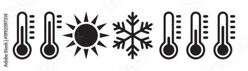 Thermometers sun and snowflake icons on transparent background black and white for weather.