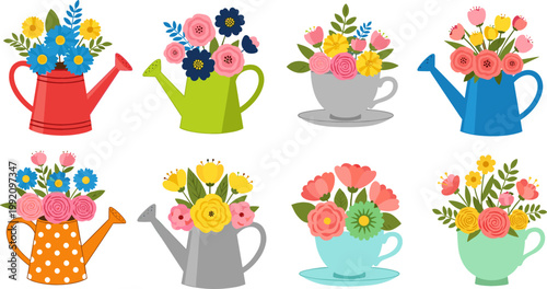 Colorful Watering Can Flower Arrangements Vector Set with Cute Garden Floral Bouquets in Decorative Pots for Spring Design, Greeting Cards, and Illustrations