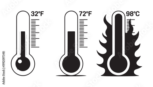 Thermometers show different temperatures including freezing cold and very hot with flame symbol.