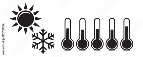 Sun and snowflake symbols with thermometers indicating hot and cold temperatures range.