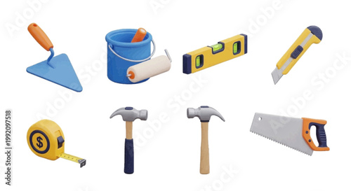 Vector illustration of set of construction tools for home renovation and repair on a transparent background
