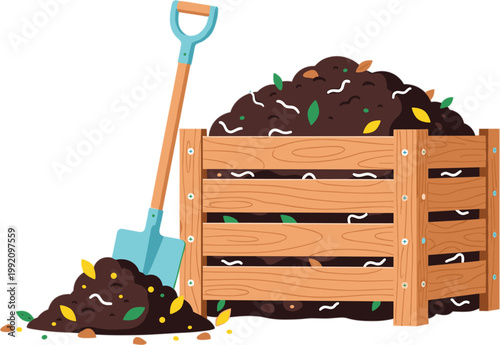 Wooden compost bin with shovel and organic soil pile for gardening and sustainability concept isolated on white background.