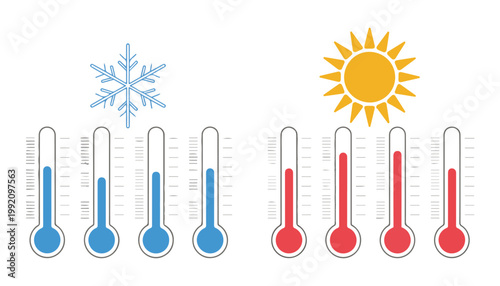 Cold snowflake and hot sun symbols with blue and red thermometers showing temperature ranges.