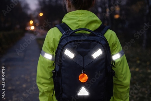 Reflective Backpack and Jacket at Night. Person wearing a backpack with reflective patches and marker on a dark path, illustrating pedestrian visibility and night safety.