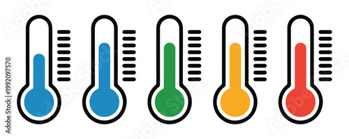 Set of five thermometers showing different temperature levels from cold to hot with varying liquid colors.