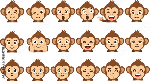 Billede på lærred Flat vector collection of cute monkey emoji faces with various expressions including happy sad angry surprised and laughing for digital stickers