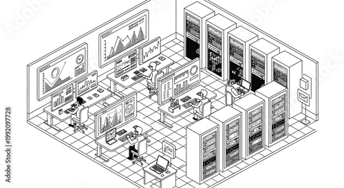 Dedicated technicians working in an isometric outline data center server room, technology infrastructure.