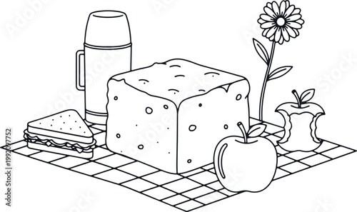 Healthy picnic lunch with sandwich, thermos, bread, apple, and flower on checkered cloth.