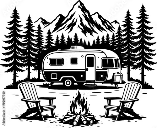 Camping Trailer with Campfire Vector Silhouette Illustration for Cricut Vinyl Cut EPS