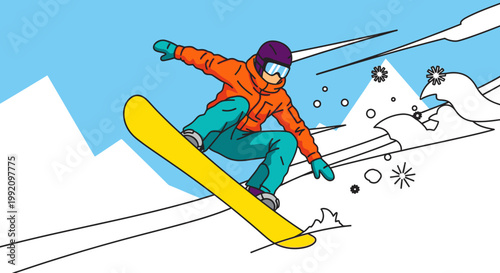 Dynamic snowboarder riding down a snowy mountain slope, kicking up snow in a winter landscape.