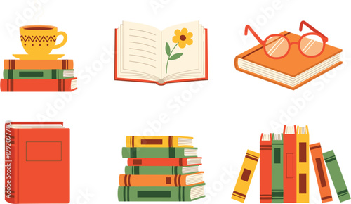 Flat vector collection of colorful books stacks open book with flower glasses and coffee cup for education library and reading hobby.