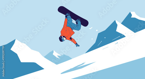 Energetic snowboarder in mid-air performing a trick against a snowy mountain landscape, extreme sport.
