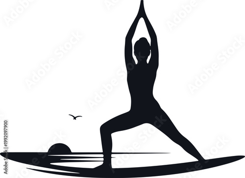 Silhouette of woman doing yoga warrior pose on surfboard at sunset with bird.