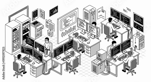 Busy People Working in an Isometric Server Room or IT Office Environment, Black and White