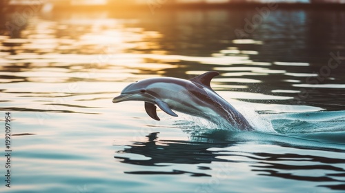 Dolphin leaping from water with dorsal fin exposed at sunset