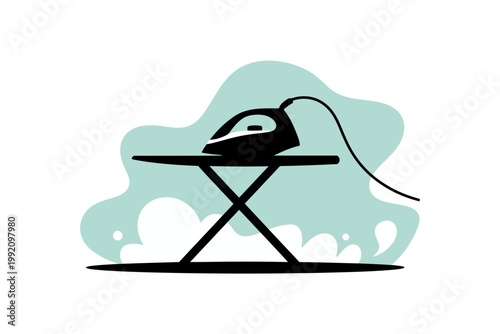 A simple illustration of an iron on an ironing board with a green background