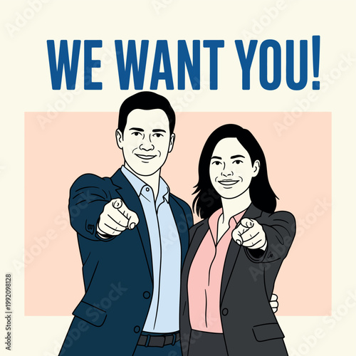 A man and woman in business attire pointing at the viewer with a recruitment message