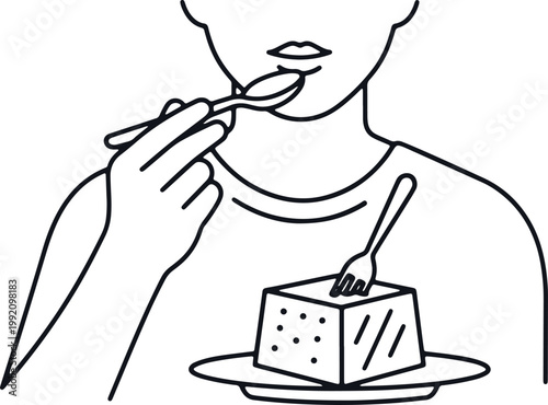 Person enjoying a square dessert on plate, eating with fork and spoon, transparent.