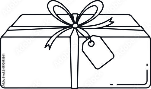 Wrapped gift box with bow and tag, celebration present, outline on transparent.