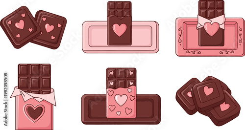 Heart-Shaped Chocolate Icon Set with Various Chocolate Bars, Packaging, and Sweet Designs in Pink and Brown Colors