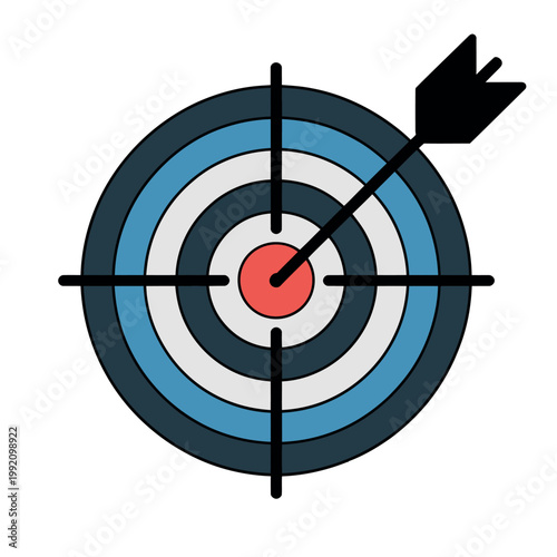 A colorful target with a black arrow hitting the red center bullseye perfectly
