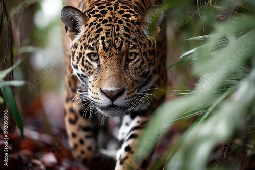 Portrait of a jaguar walking through the jungle