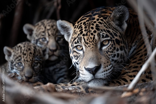 Portrait of a jaguar with its cubs