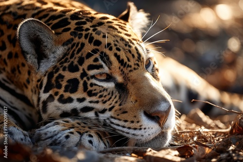Portrait of a jaguar resting in the sun