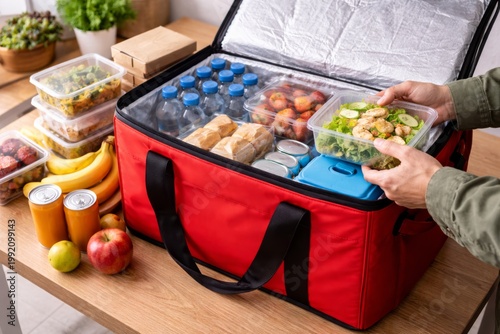 Packing Insulated Cooler Bag with Fresh Food. Hands place prepared food containers into a large insulated cooler bag, showing organized meal transport for travel, delivery, or picnics.
