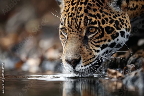 Portrait of a jaguar drinking water from a river