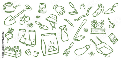 Organic backyard farm doodle collection with garden tools, vegetables, and seeds. Ideal for eco-friendly packaging designs, community garden flyers, and agricultural education materials.