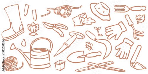 Artistic outline illustrations of various backyard planting tools and accessories. Excellent for DIY garden project guides, agricultural business cards, and seasonal flower shop promotional graphics.