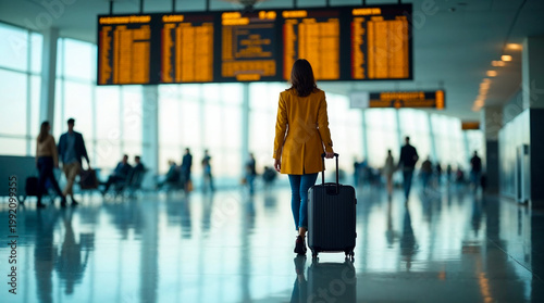 Passenger walking with suitcase under departure board in airport