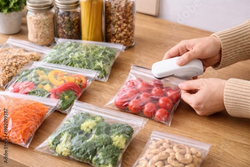 Sealing Fresh Produce Bags in Kitchen. Hand uses a compact bag sealer on food storage bags with vegetables, showing kitchen organization and freshness preservation.