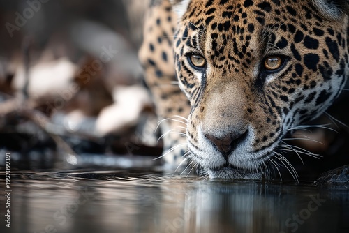 Portrait of a jaguar drinking water from a river