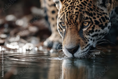 Portrait of a jaguar drinking water from a river
