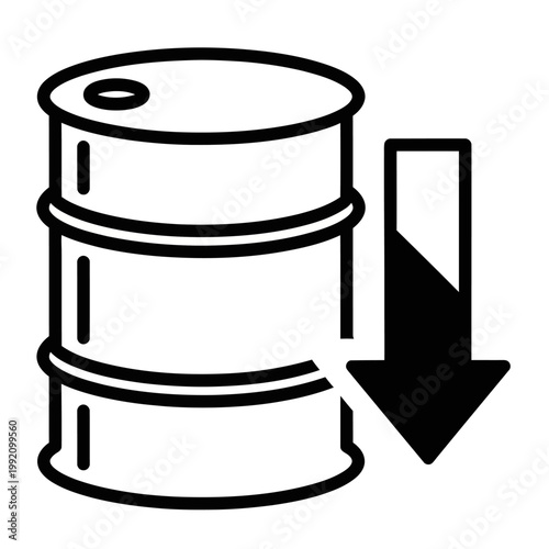 Oil Barrel with Downward Arrow Icon Symbolizing Falling Oil Prices Energy Market Decline Economic Downturn and Cost Reduction
