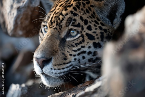 Portrait of a jaguar on a rocky terrain