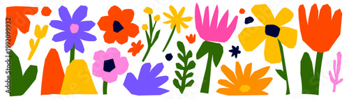 Flower whimsical paper with naive cut collage and groovy abstract organic. Element floral graphic with layout shape collection and fun funky grass. Vase illustration flower with children icon.